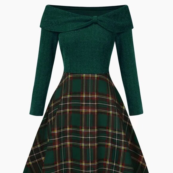 Green 1950s Christmas Off Shoulder Tartan Dress - Retro Stage - Size M (4/6) - Picture 1 of 3